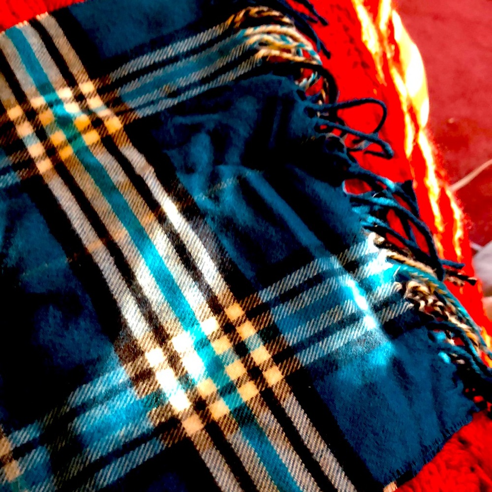 Turquoise black and cream plaid scarf